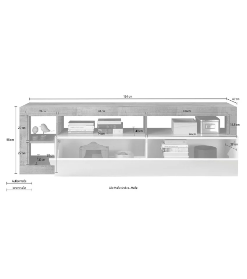 Meuble TV HAMBURG – Blanc laqué brillant / Béton